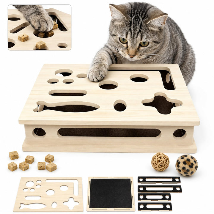 2-in-1 Kratzpuzzle mit Sandpapier, Katzenkratzpuzzle Anreicherungsbox, Katzen Kratzbrett, Interaktiv