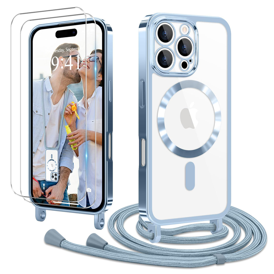Handyband für iPhone 16 Pro Hülle mit Band + 2 Stück Glas Schutzfolie Transparent Silikon Handyhülle