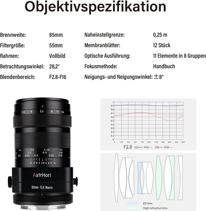 AstrHori 85 mm F2,8 Makro & Tilt & Mittleres Tele 3 in 1 Manuelles Vollformat Insekt Juwel Porträtob