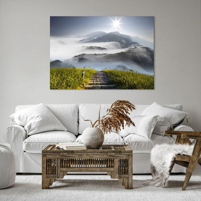 Bilder auf Leinwand 100x70cm Leinwandbild Berg Nebel Landschaft Morgen Gross Wanddeko Bild Schlafzim