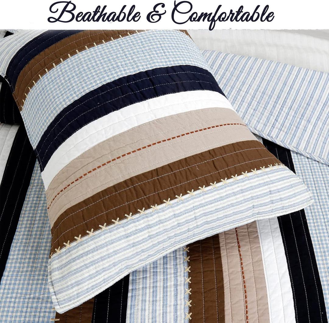 Cozy Line Home Fashions Nathan Bettwäsche-Set, Marineblau/Blau/Weiss/Braun, kariert, gestreift, 100