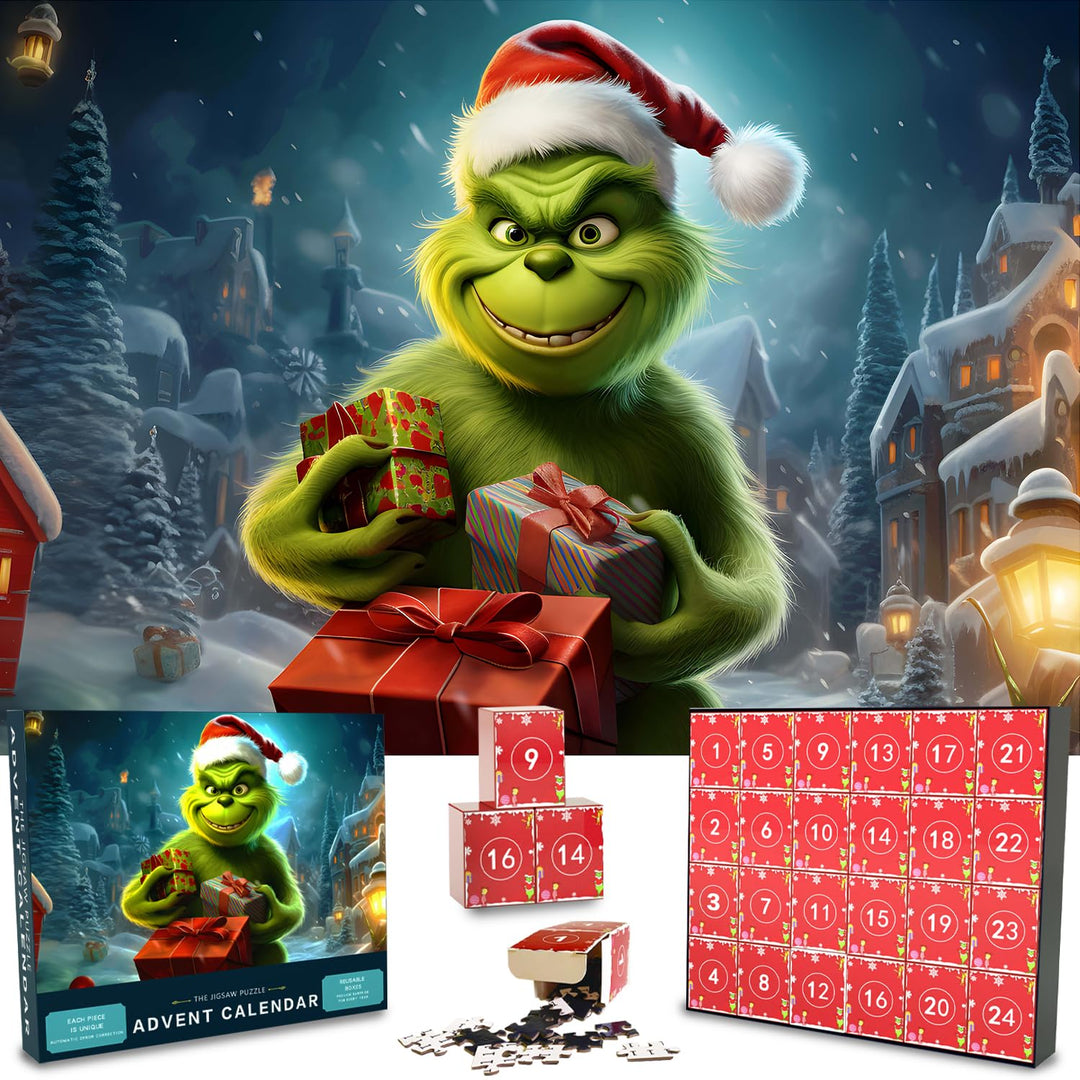 Adventskalender Grinch Puzzles für Kinder und Erwachsene, 24er-Box mit 1008 Teilen, Weihnachtspuzzle