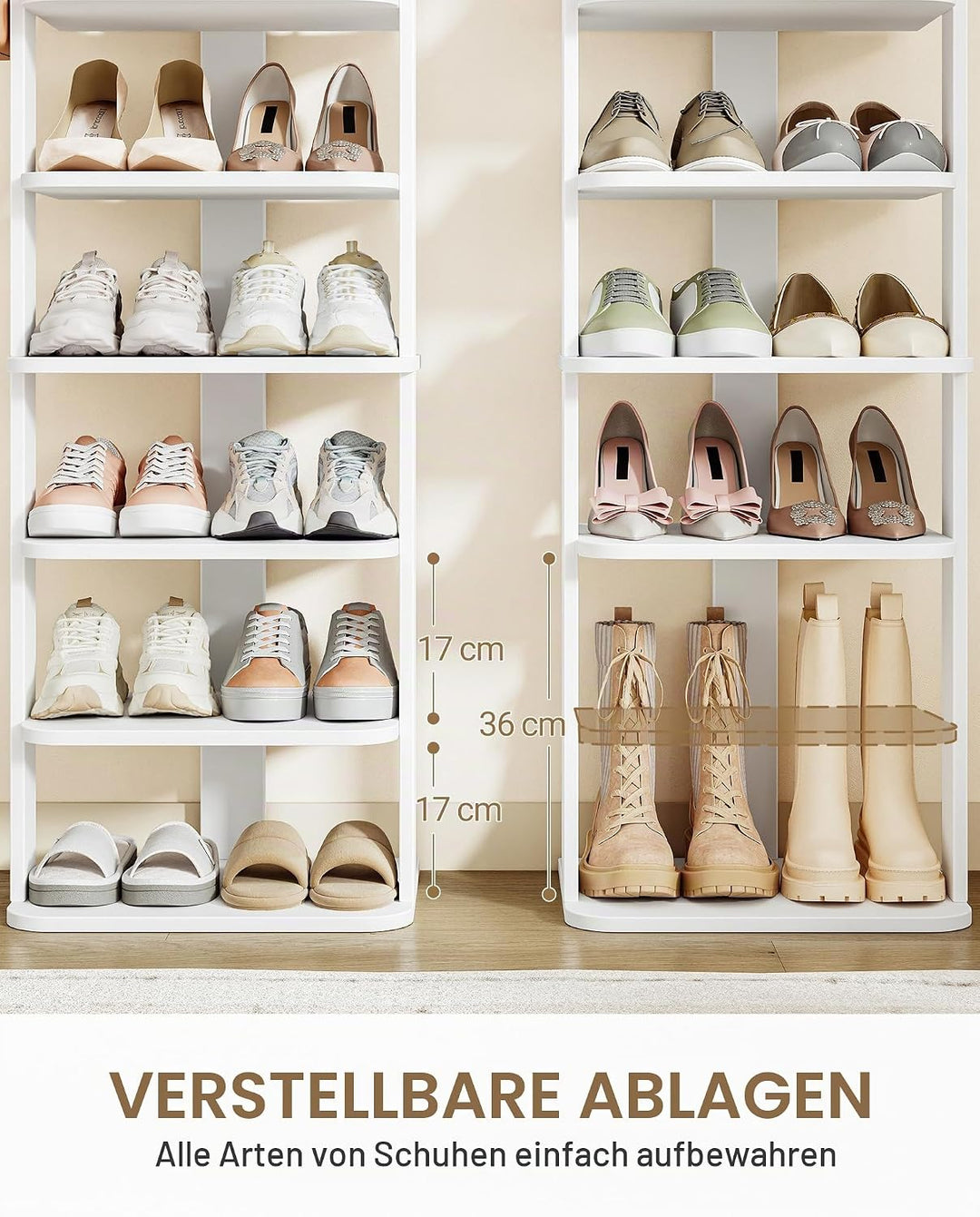 Hzuaneri Schuhregal, Schuhablage mit 10 Ebenen, Holz-Schuh-Organizer mit Haken, Verstellbar, Platzsp