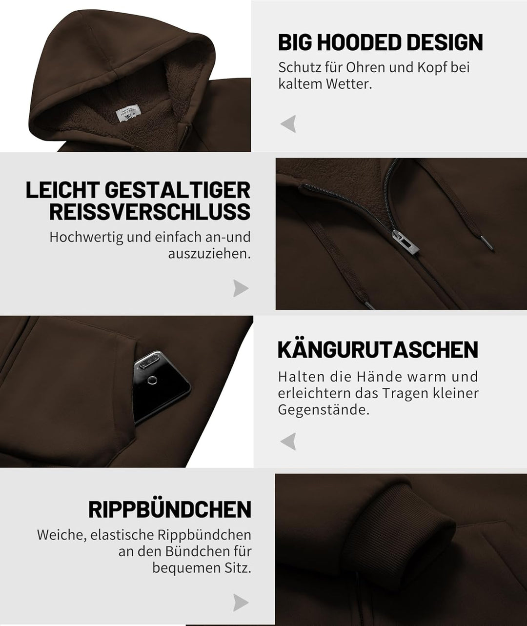 JACKETOWN Herren Sweatshirt Gefüttert Hoodie Reissverschluss Sweatjacke Warm Fleece Winterjacke Tedd