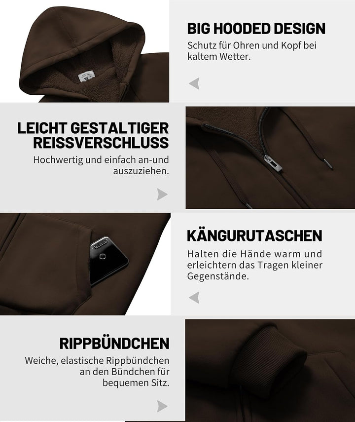 JACKETOWN Herren Sweatshirt Gefüttert Hoodie Reissverschluss Sweatjacke Warm Fleece Winterjacke Tedd