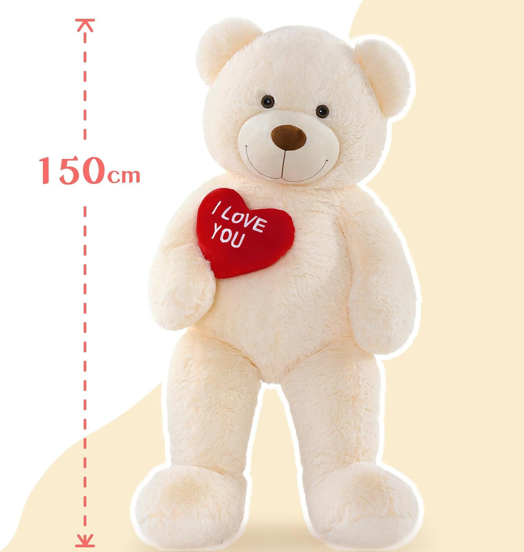 MorisMos 150cm riesen Teddy mit Herz, Beige gross teddybär XXL, kuschelig Plüschbär XXXL, Valentinst