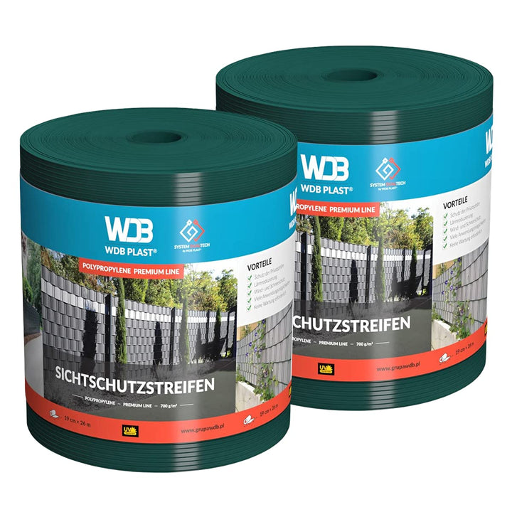 WDB - Sichtschutzstreifen für Doppelstabmatten Sichtschutz Zaun - Set 2X 26 m x 19 cm - Hart PP Wind