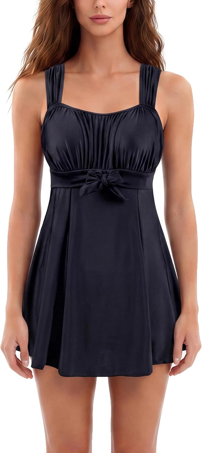 Wantdo Damen Badeanzüge Sommer Bauchweg Tankini Bademode mit Bügel Badekleid Einteiler Schlanke Stra