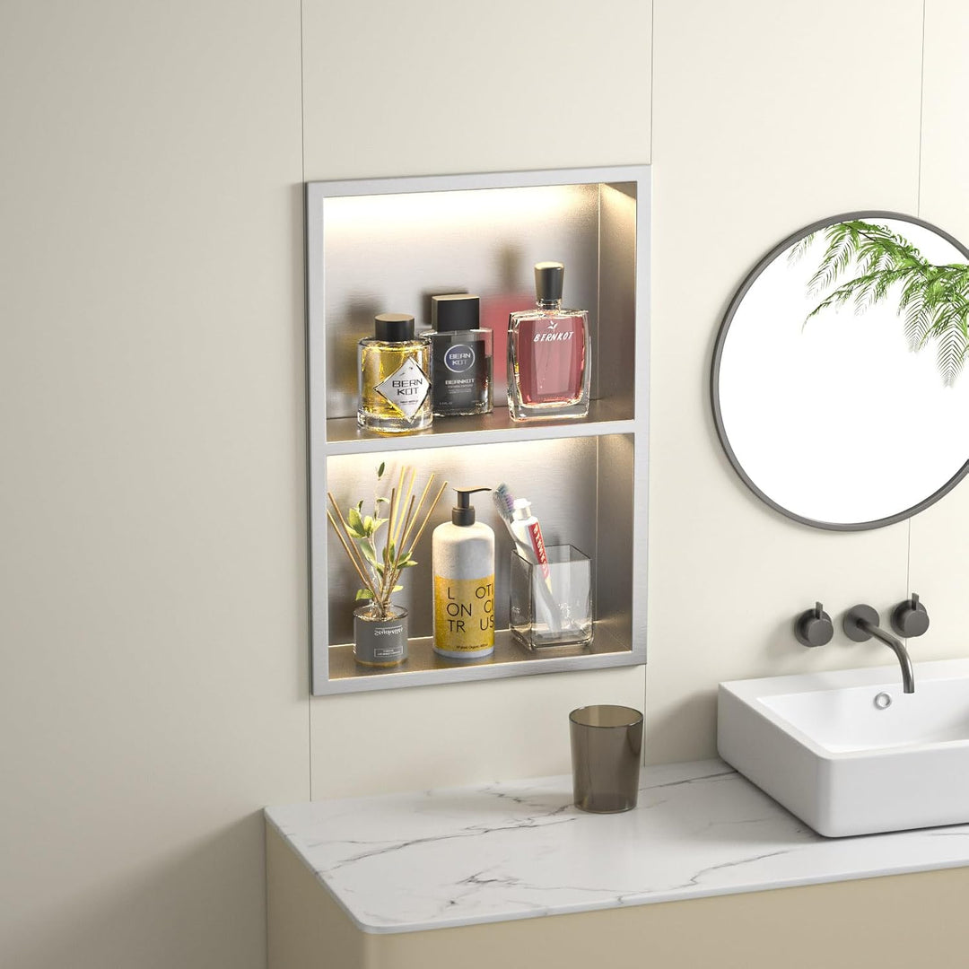 Wandnische Dusche Edelstahl mit LED, Unterputz Duschregal, Zweilagige Wandnische Bad Nische Duschnis