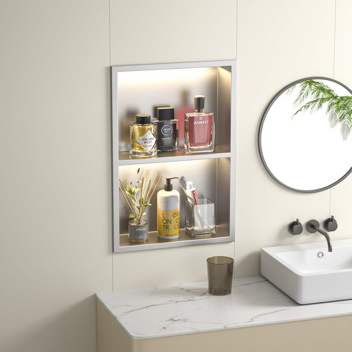 Wandnische Dusche Edelstahl mit LED, Unterputz Duschregal, Zweilagige Wandnische Bad Nische Duschnis