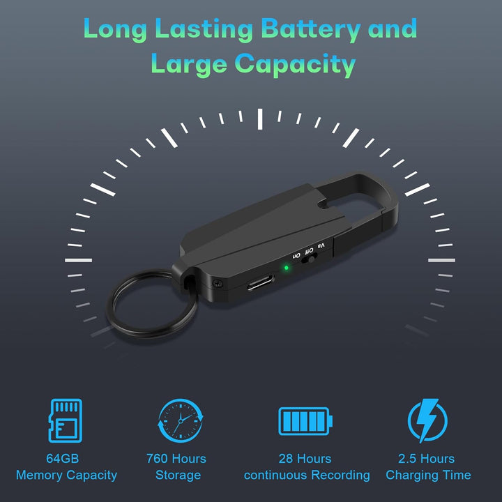 Sprachaktivierter digitaler Audio-Recorder - 64G One Touch Voice Recorder mit MP3-Player - Tragbares