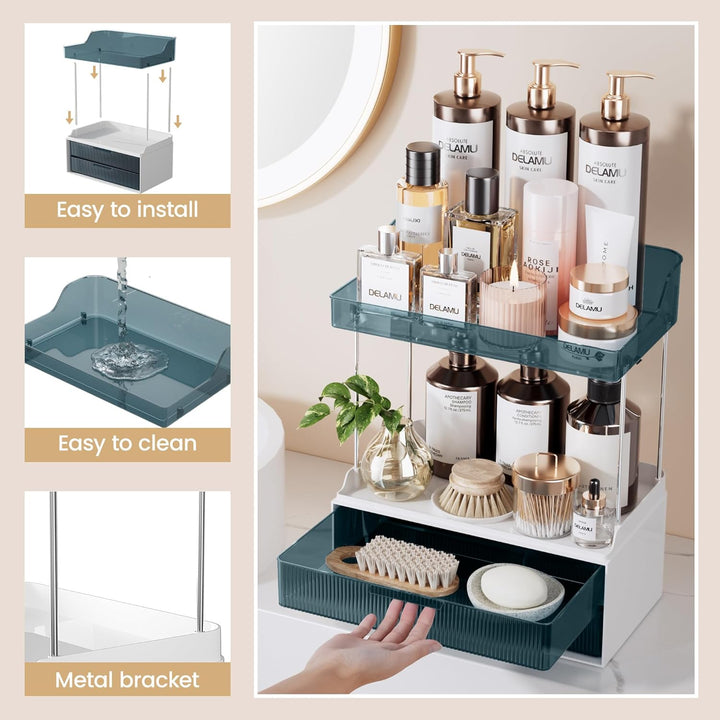Delamu Make Up Organizer mit 2 Schubladen, 2 Etagen Kosmetik Organizer, Multifunktions Grösser Kosme