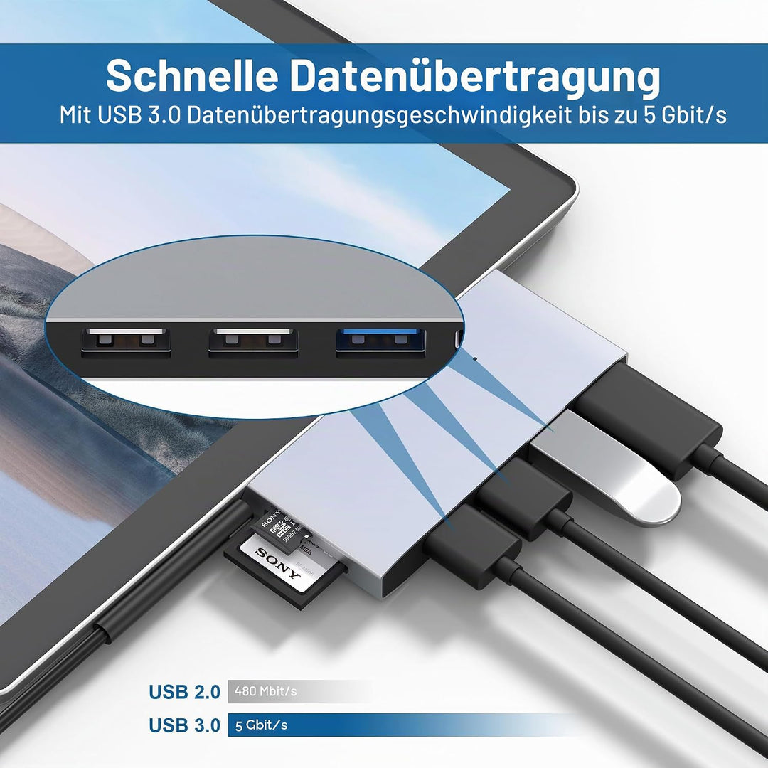 USB Hub Surface Pro 6/5/4 Docking Station Adapter, 6 in 2 Multiport Dock Zubehör mit USB 3.0, 4K HDM
