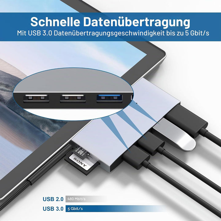 USB Hub Surface Pro 6/5/4 Docking Station Adapter, 6 in 2 Multiport Dock Zubehör mit USB 3.0, 4K HDM