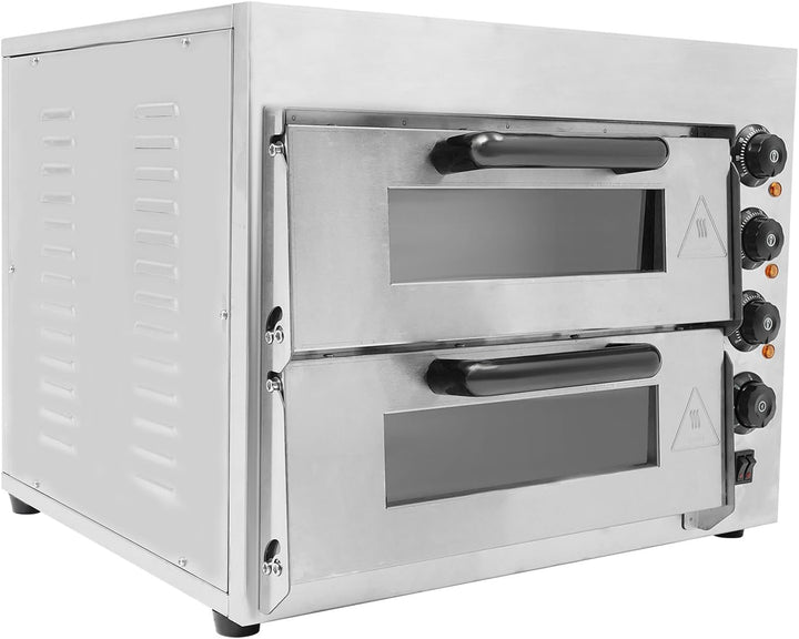 Edelstahl Pizzaofen Doppel-Etagensystem, 3000W, Präzise Temperatur, Timer, Leicht zu Bedienen, Profi