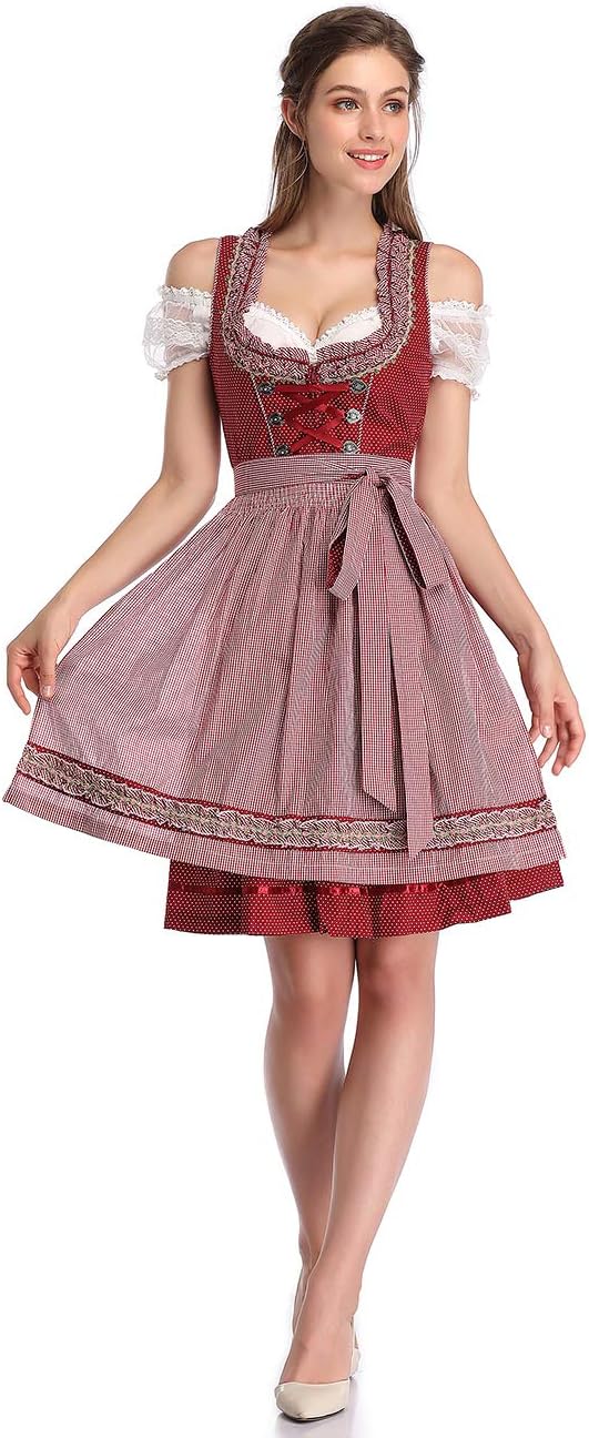 KOJOOIN Trachtenkleid Damen Dirndl Kurz Midi 3tlg. für Oktoberfest-DREI Teilig: Kleid, Bluse, Schürz