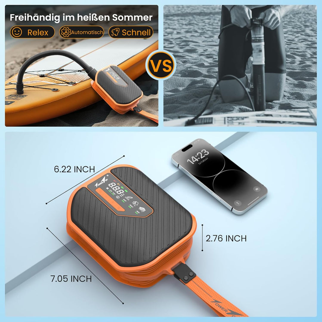 TowerTop Sup Pumpe Akku: 10500mAh Akku Pumpe für Auto/SUP, 50 PSI Stand Up Paddle Pumpe, 12V DC Zwei