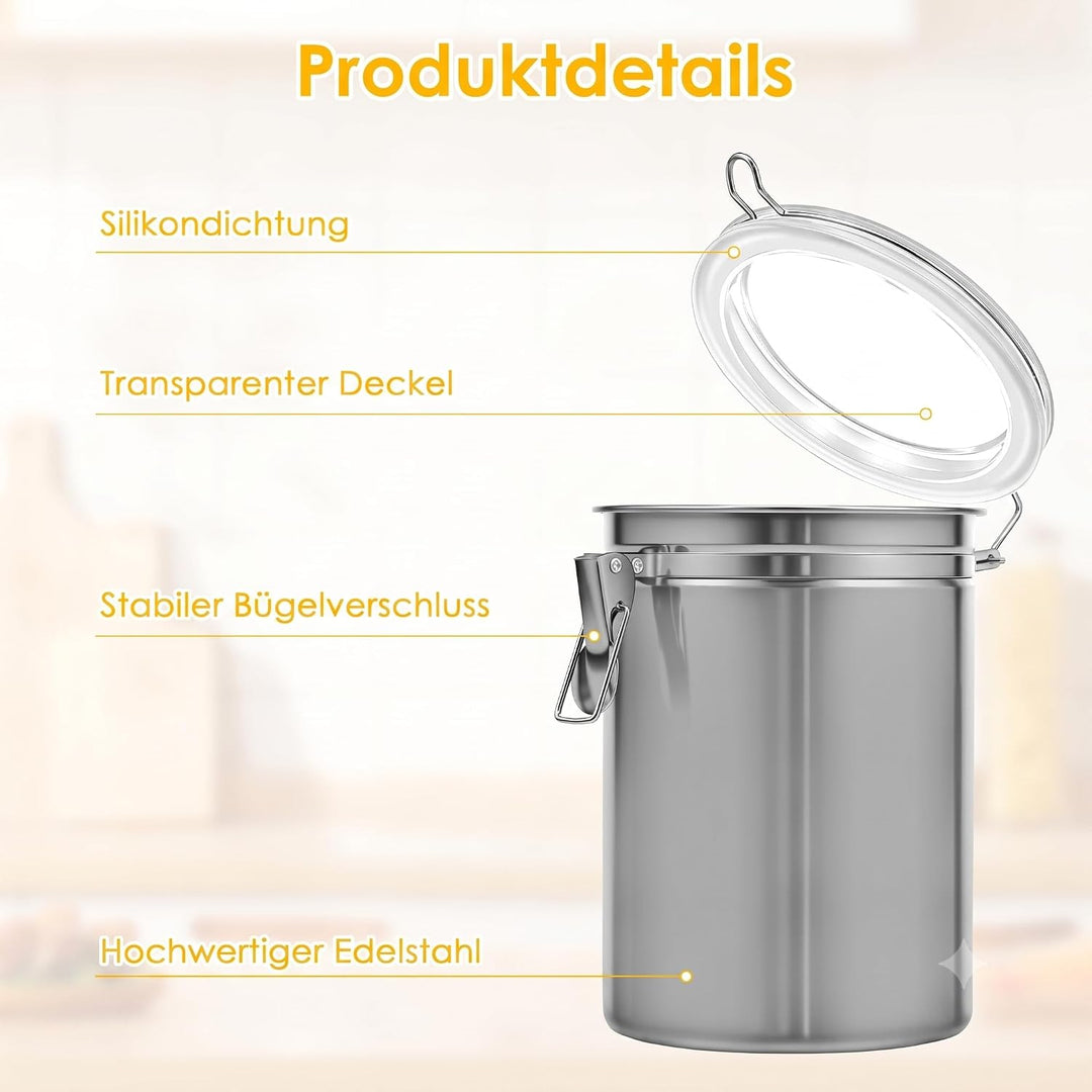 4 Stück Kaffeedose Luftdicht mit Sichtfenster und Silikondichtung | 100% Luftdicht, Premium Edelstah