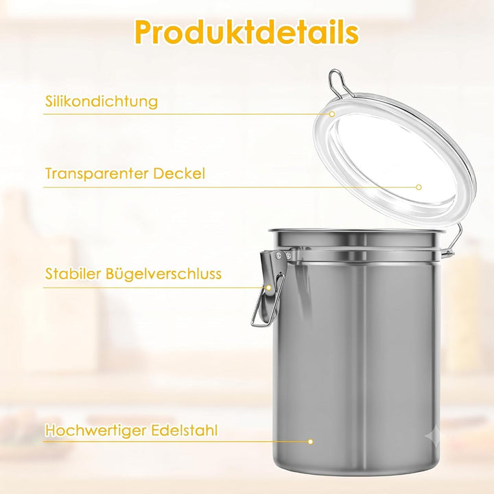 4 Stück Kaffeedose Luftdicht mit Sichtfenster und Silikondichtung | 100% Luftdicht, Premium Edelstah