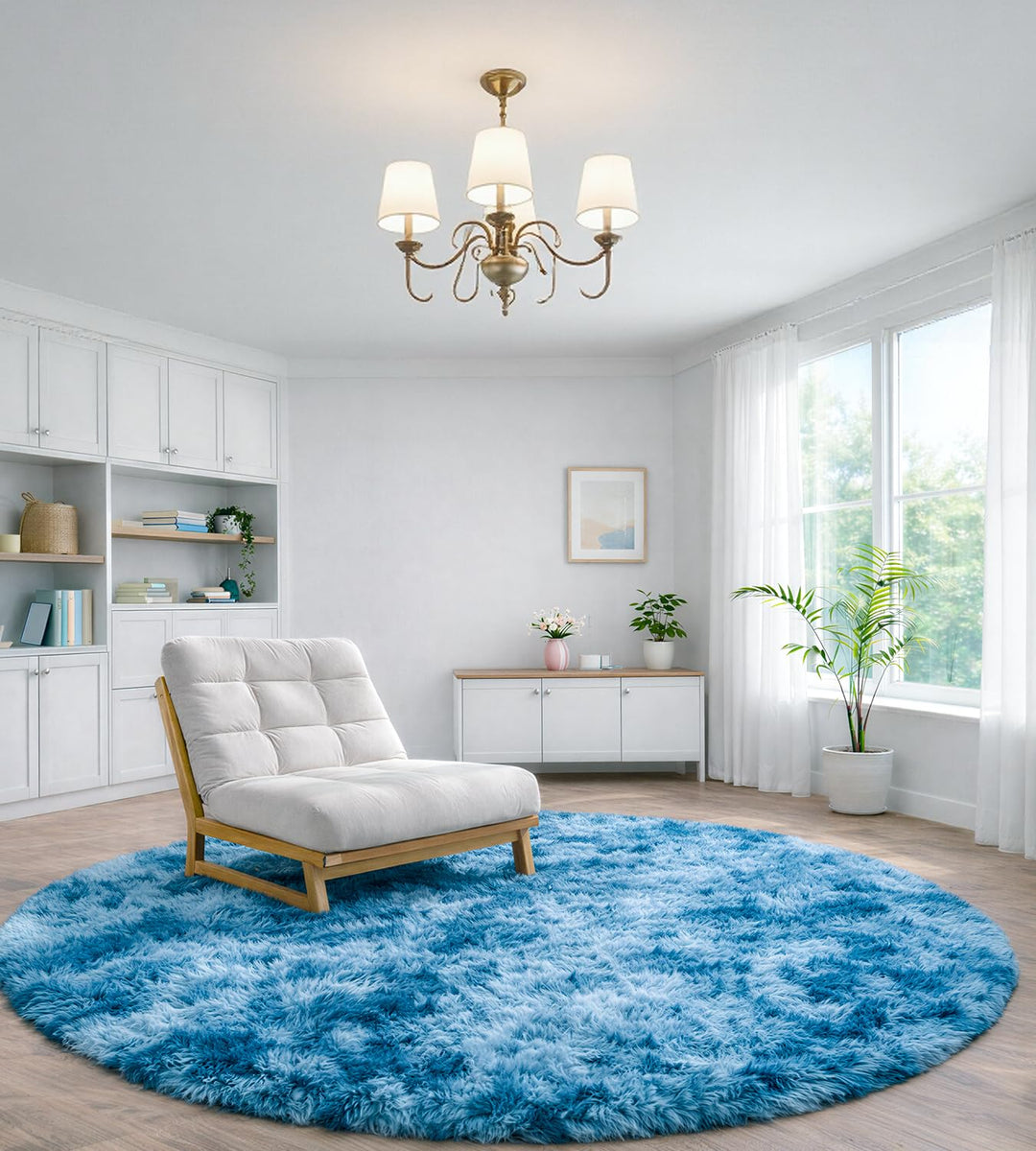 Teppich Rund 150 cm Navy blau Waschbar Rutschfester Hochflor Runder Teppich Wohnzimmer Weich Flausch