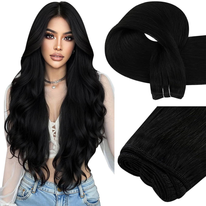 Easyouth Tressen Echthaar Extensions Brazilian Echthaar Tressen 22 Zoll Farbe Pechschwarz 100g Sew i