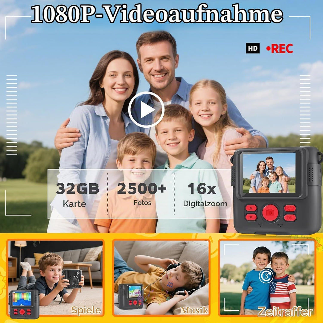 Kinderkamera Sofortbildkamera, 1080P HD Digitalkamera Kinder mit 2,4 Zoll 32G Karte und Fotopapier D