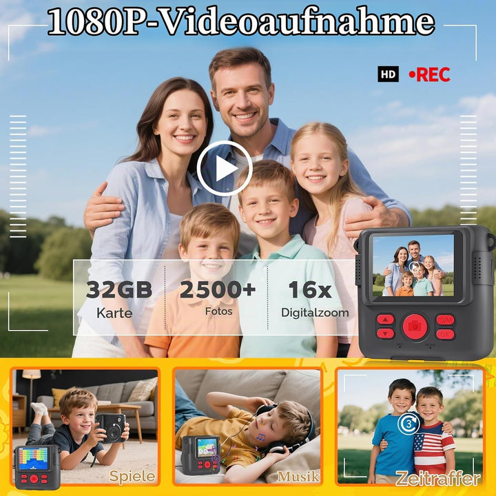Kinderkamera Sofortbildkamera, 1080P HD Digitalkamera Kinder mit 2,4 Zoll 32G Karte und Fotopapier D
