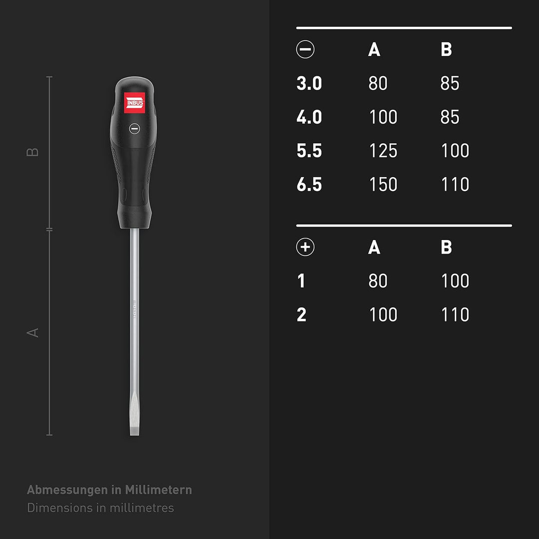 INBUS® 73790 Schraubendreher Set 6tlg, SL3–6.5 & PH1–2, mit HybridTouch & GrayTip 4× SL & 2× PH, 4×