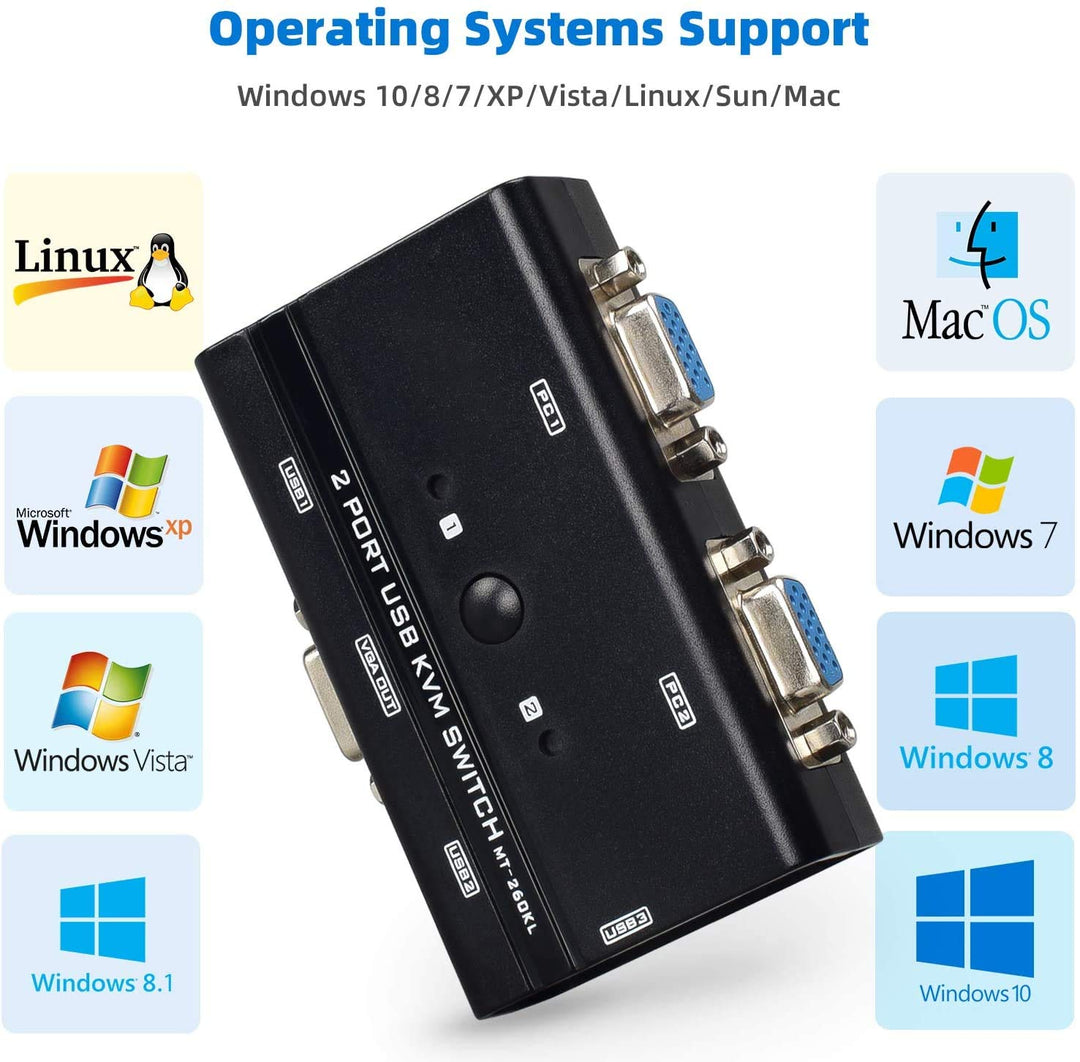 TCNEWCL 2 Port KVM Switch VGA mit 2-in-1 Kabel, VGA USB KVM Switcher 2 PCs 1 Monitor, mit 3 USB 2.0