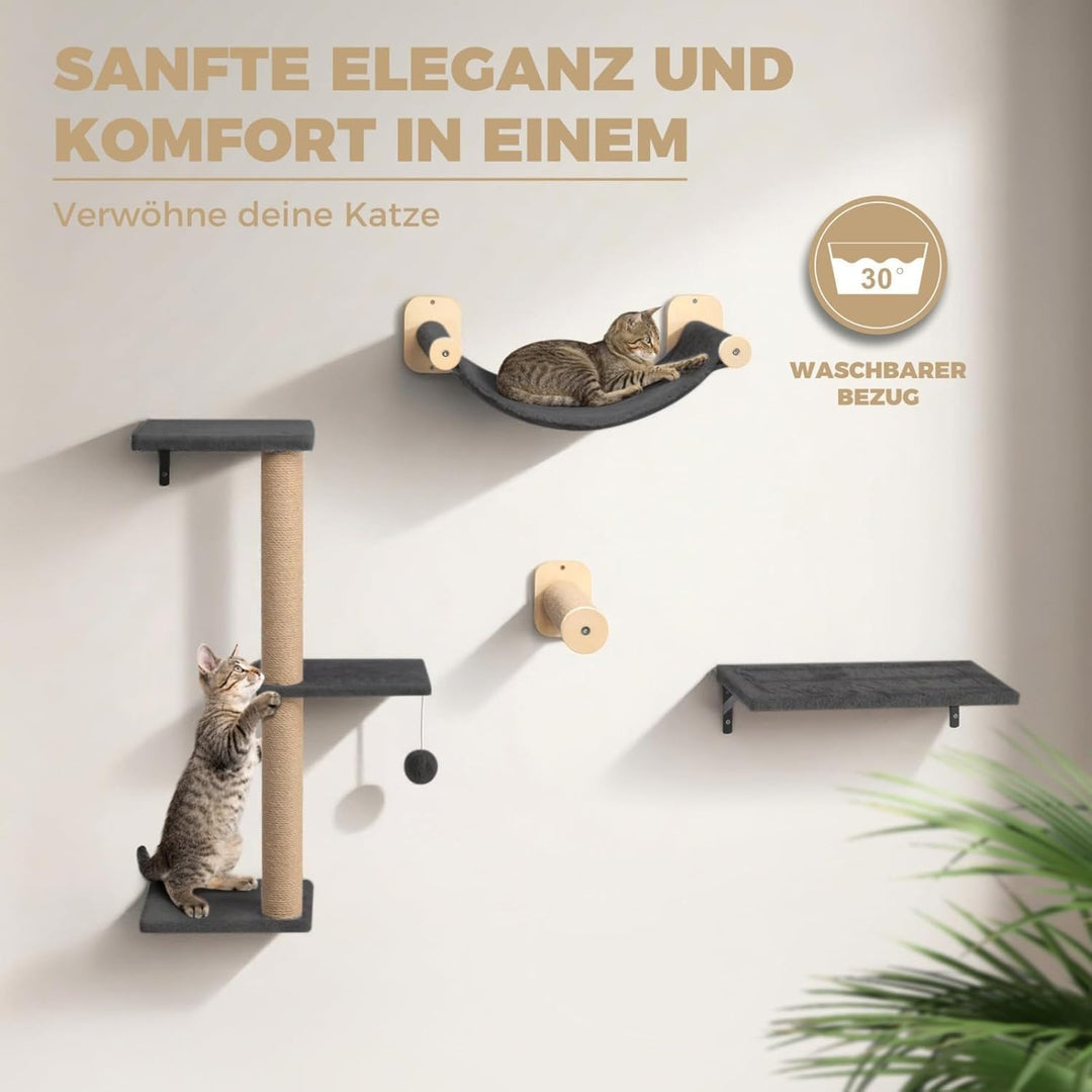 WOOWOOD® Kletterwand Katzen Set inkl. Katzentreppe Wand I Kratzbaum Wand I Hängematte Katze I Wandkr