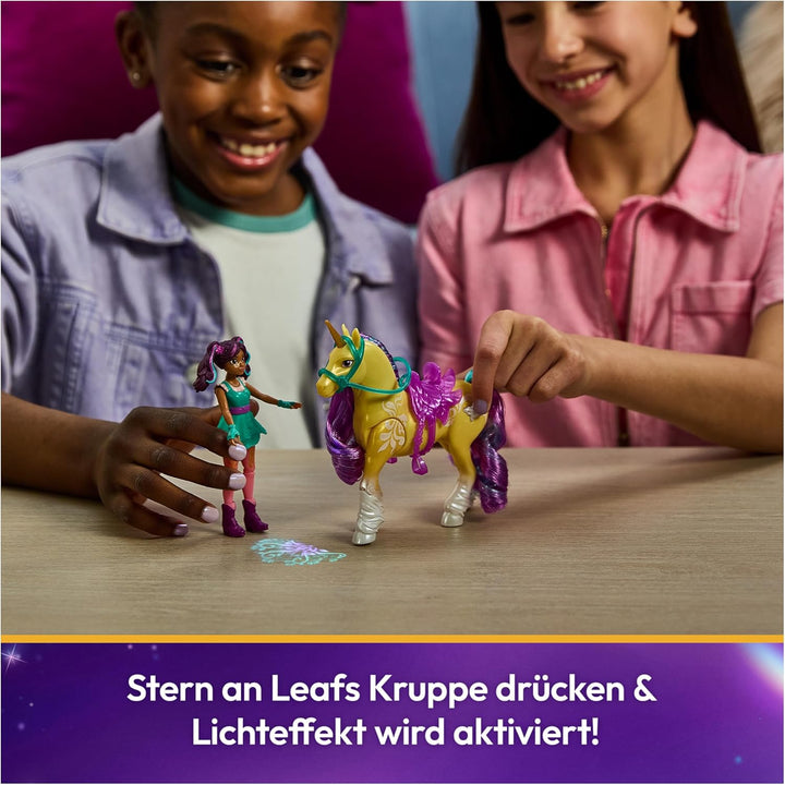 Unicorn Academy Set - Ava und Pflanzen-Magie Leaf mit echter Mähne und Schweif sowie magischer Leuch