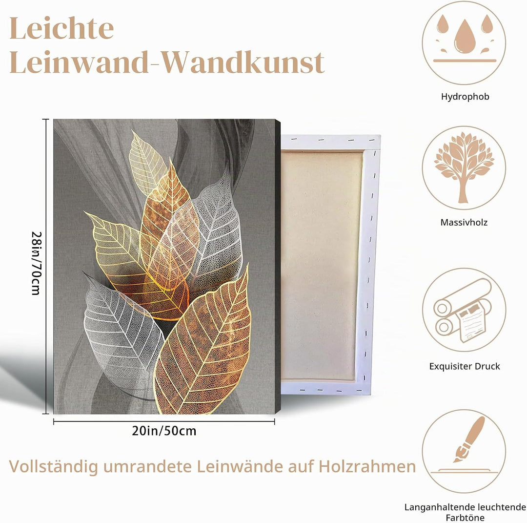 hyidecorart Bilder Blätter, Natur Golden Pflanzen Blatt Wandbild, Modern Leinwandbild für Wohnzimmer