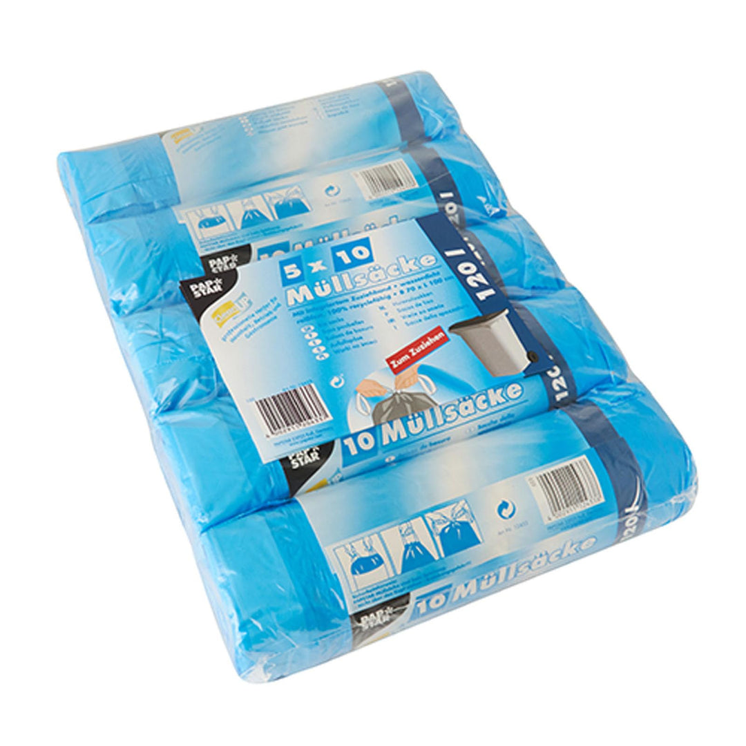 Papstar 1 Karton = 4x50 Müllsäcke zum Zuziehen, HDPE 120 l 100 cm x 70 cm blau 12433
