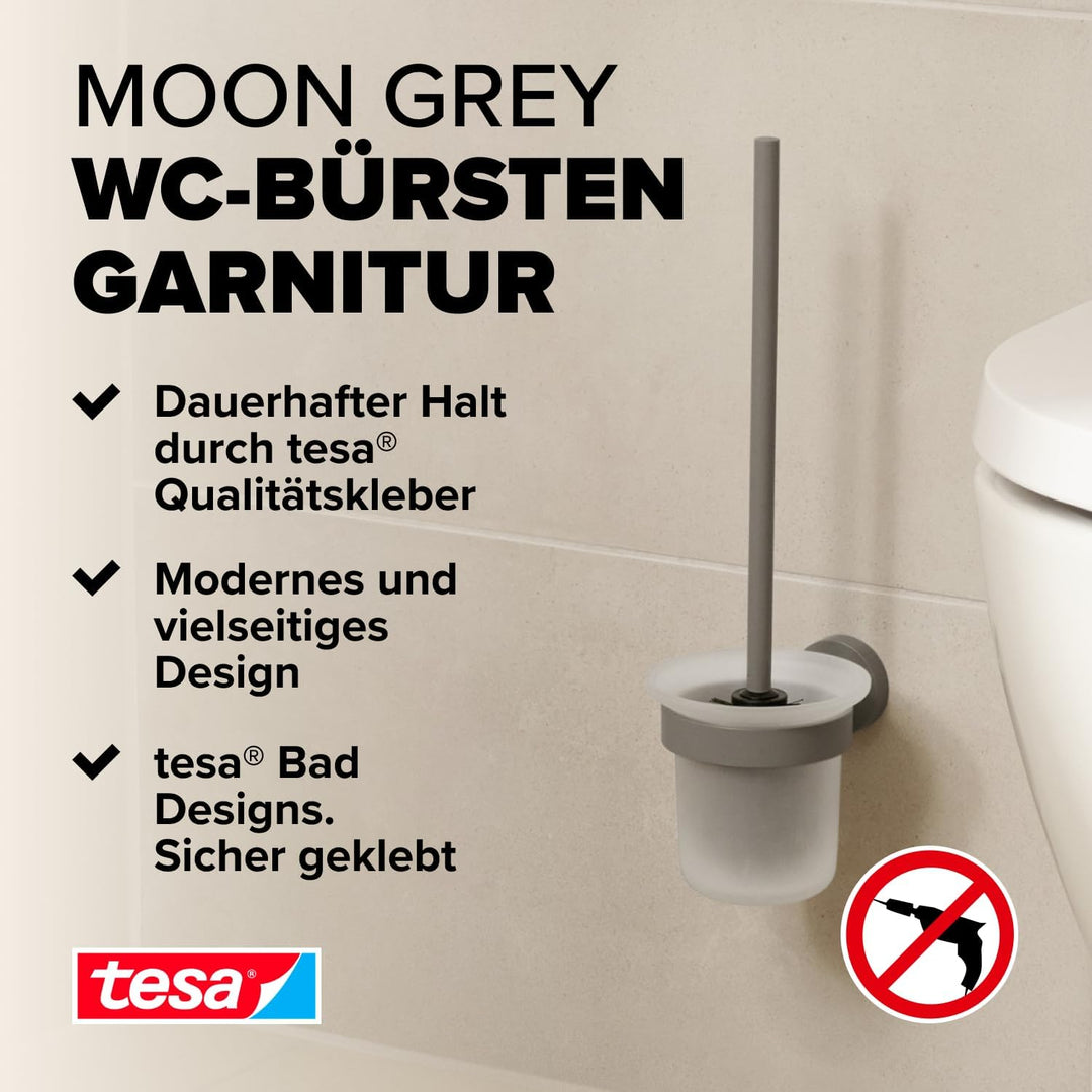 tesa MOON GREY WC-Garnitur, Set mit Halter &amp; WC-Bürste, matt grau, satiniertes Glas - für Bäder im I