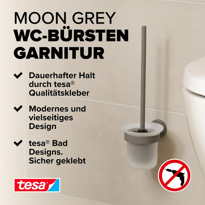 tesa MOON GREY WC-Garnitur, Set mit Halter &amp; WC-Bürste, matt grau, satiniertes Glas - für Bäder im I
