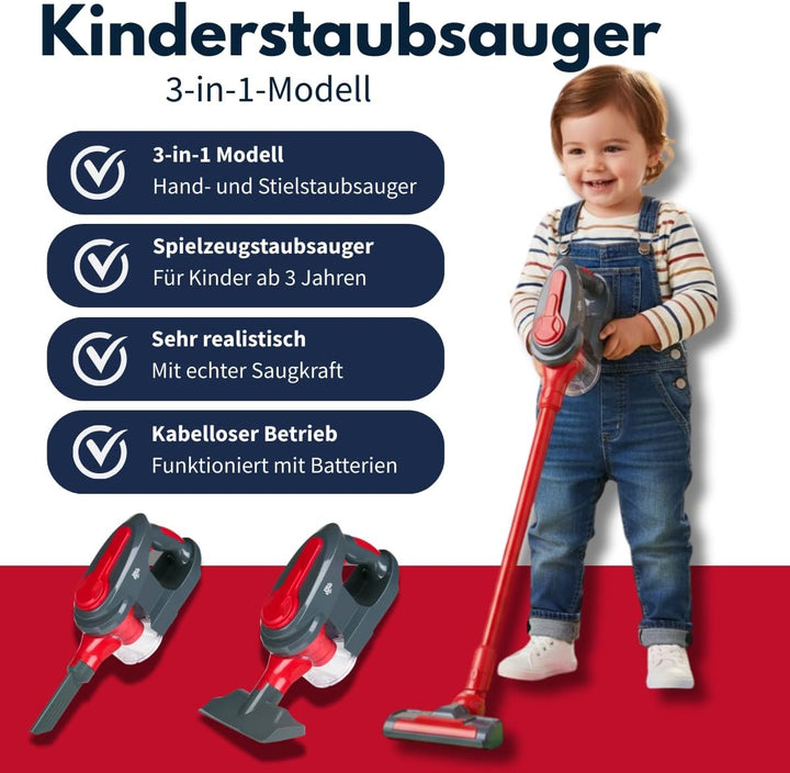 Dirt Devil Spielzeug Staubsauger 3-in-1 - Kinderstaubsauger mit 2 Aufsätzen - Funktionierende Saugfu