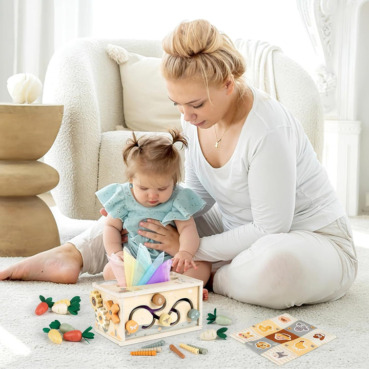 Vanplay Montessori Spielzeug Baby 12 Monate, 6 in 1 Tücherbox Baby Spielzeug ab 1 Jahr, Holzspielzeu