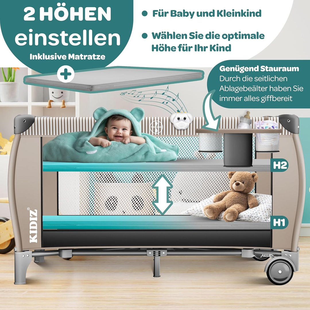 Kidiz® Babybett Reisebett Kinderreisebett klappbar mit Matratze & Räder 120x60, Seiteneingang, Wicke