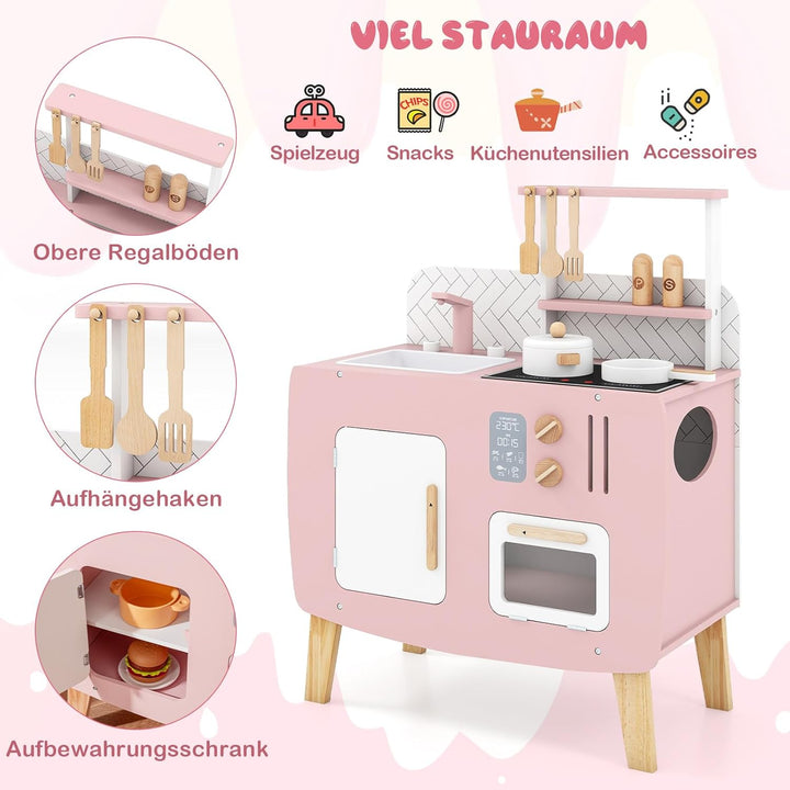 COSTWAY Kinderküche Holz, Spielküche mit Herd, Spüle, Wasserhahn & Ofen, Mini Küche mit Kochgeschirr