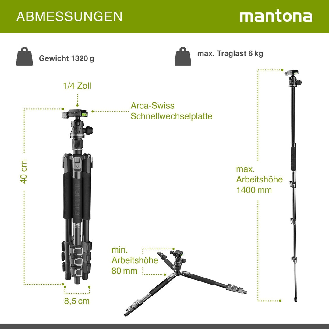 Mantona DSLM Travel Evolution 224 - leichtes Allround Reisestativ mit Vollausstattung, 360° Panorama