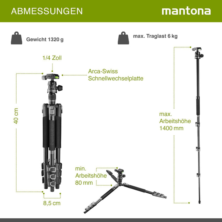 Mantona DSLM Travel Evolution 224 - leichtes Allround Reisestativ mit Vollausstattung, 360° Panorama