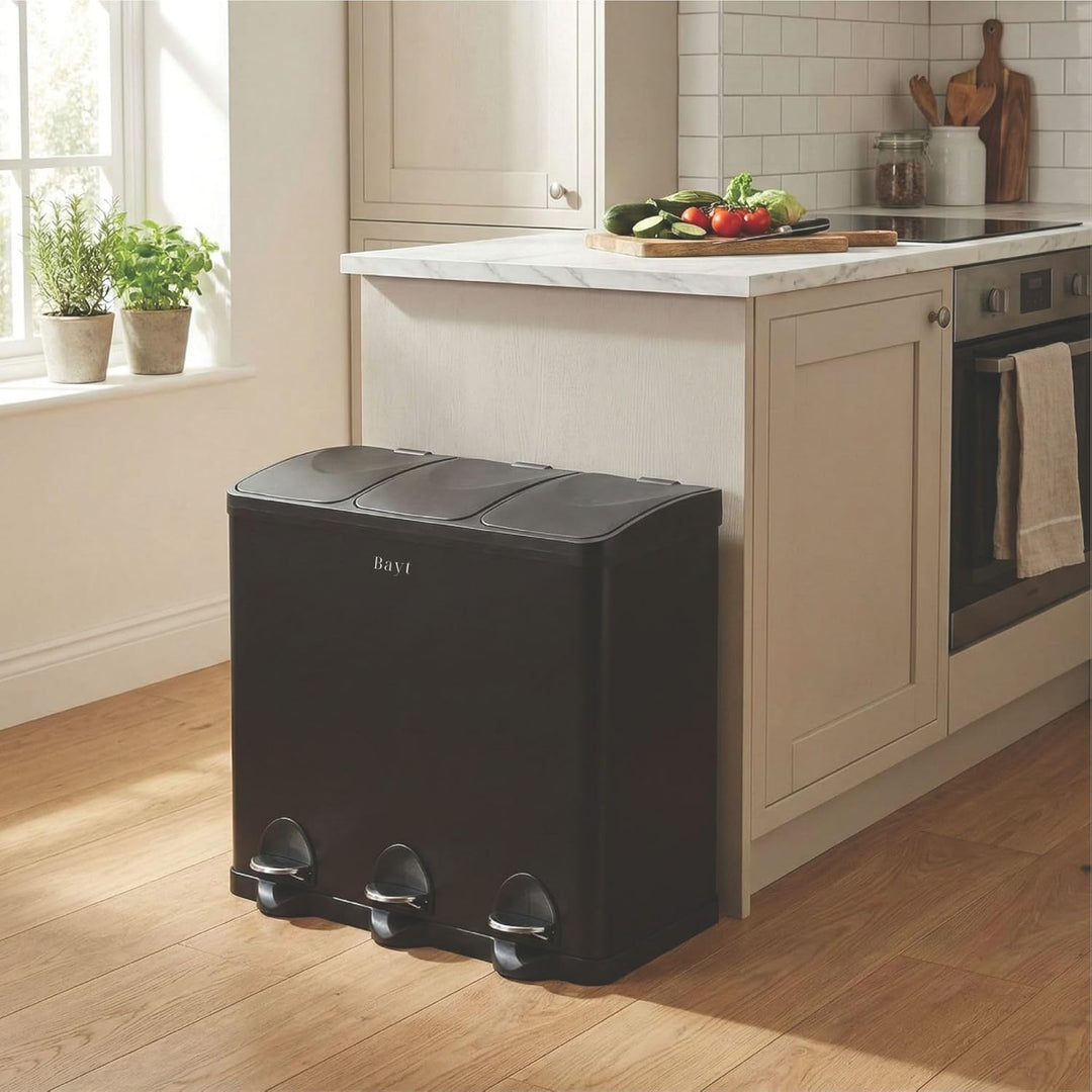 Bayt Mülleimer 60L (3x20L) – Mülltrennsystem 3 Fächer für die Küche – XXL Treteimer aus Edelstahl (R