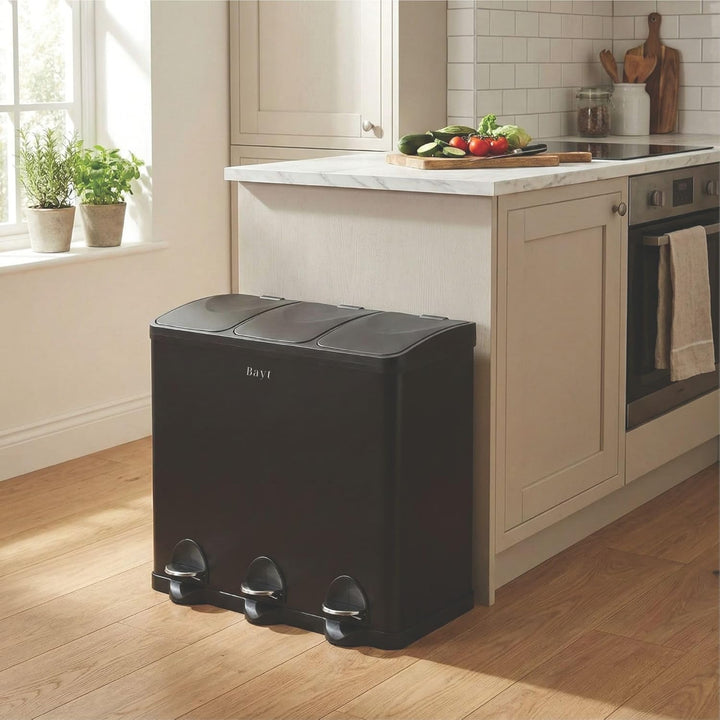 Bayt Mülleimer 60L (3x20L) – Mülltrennsystem 3 Fächer für die Küche – XXL Treteimer aus Edelstahl (R