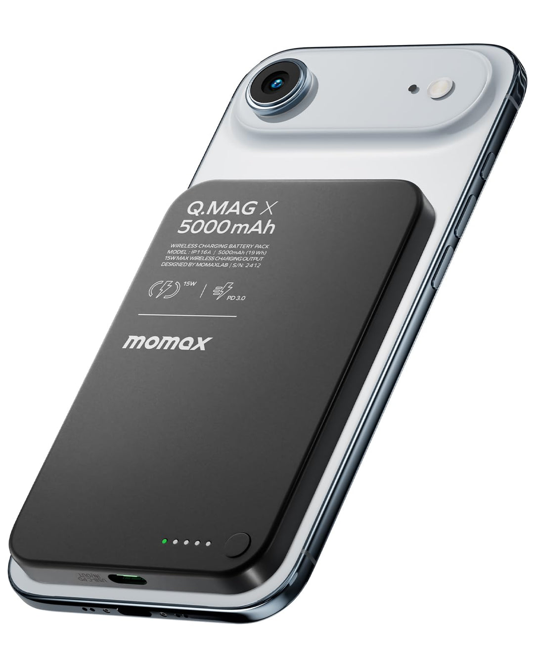 MOMAX 5000mAh Magsafe Powerbank iPhone, 0.33" Ultra Slim Wireless Magnetische Powerbank, PD 20W Fast