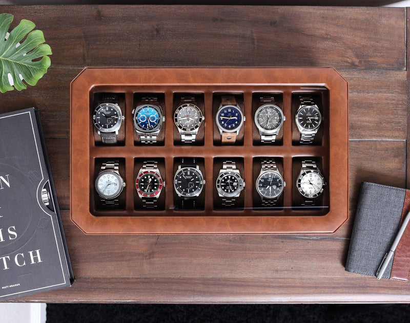 ROTHWELL 12 Slot Leder Uhrenbox - Luxus Uhrengehäuse Display Organizer, Herren Aufbewahrungsboxen Ha
