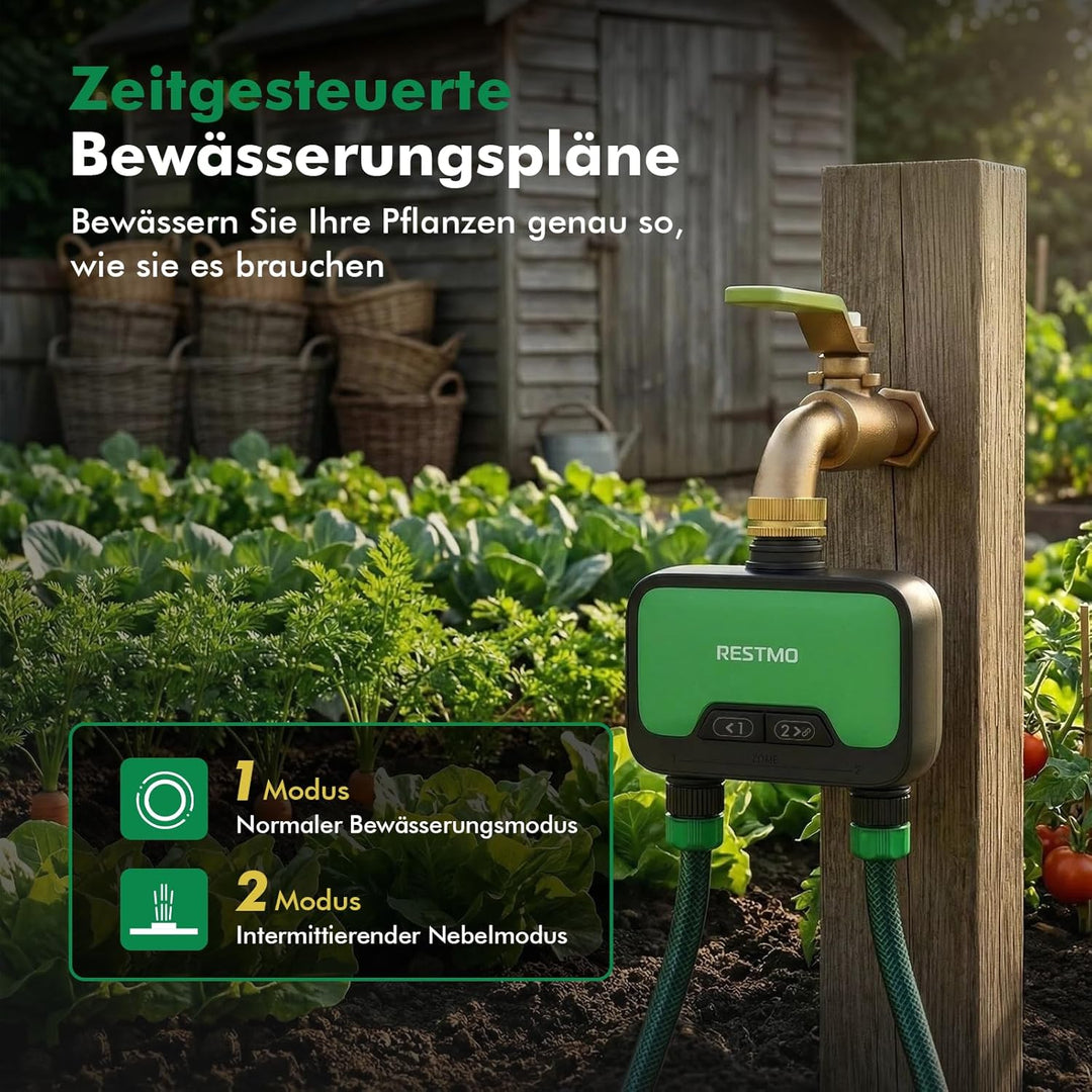 RESTMO 2 Zonen Bewässerungscomputer WLAN + RF Hub mit Durchflussmesser, Automatische Garten Bewässer