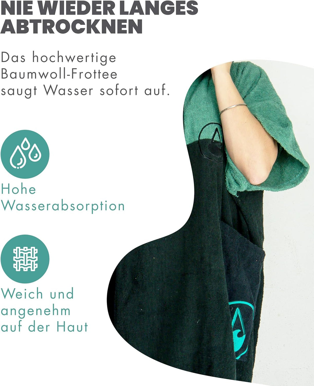 WAVE HAWAII Poncho Move Surfponcho 100% Baumwolle für Körpergrössen von 170-200 cm Umkleidehilfe für