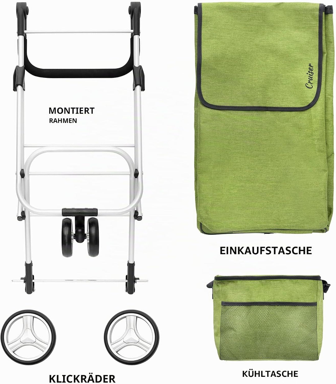 Cruiser Einkaufswagen Shoppingtrolley 59 Liter 3 Räder mit 14 ltr Kuhltasche (grün), 97 x 56 x 46cm,