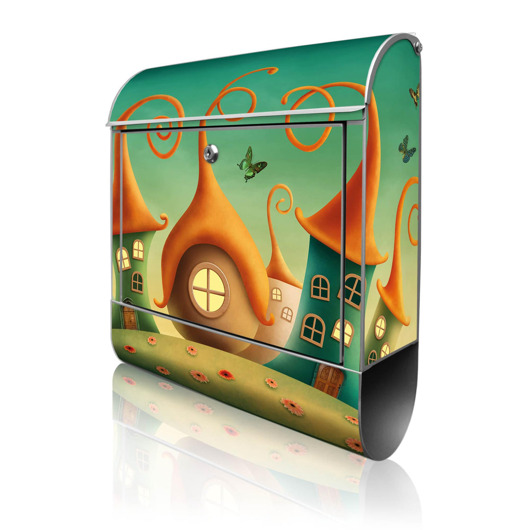 banjado® Design Briefkasten mit Motiv Zwergenhausen 39x47x14cm &amp; 2 Schlüssel - Briefkasten Stahl Sil