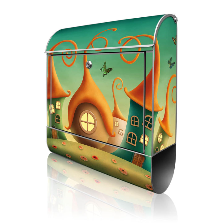 banjado® Design Briefkasten mit Motiv Zwergenhausen 39x47x14cm &amp; 2 Schlüssel - Briefkasten Stahl Sil